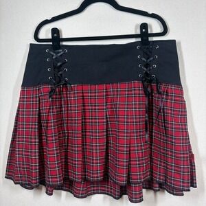 Tripp NYC Pleated Lace Up Mini Skirt Size 16 Red/Black Plaid Punk Goth Emo Edgy